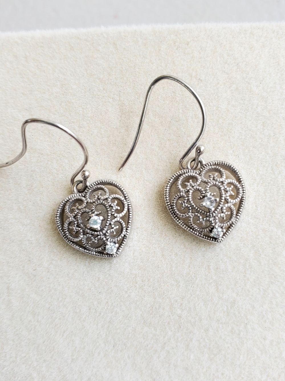 Sterling Silver Heart Filigree Drop Earrings with Cubic Zirconia Accents